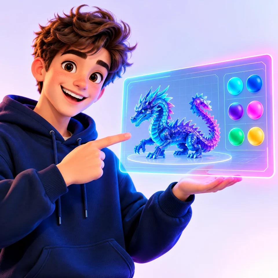 Jovem mostrando um dragão 3D personalizado numa tela holográfica